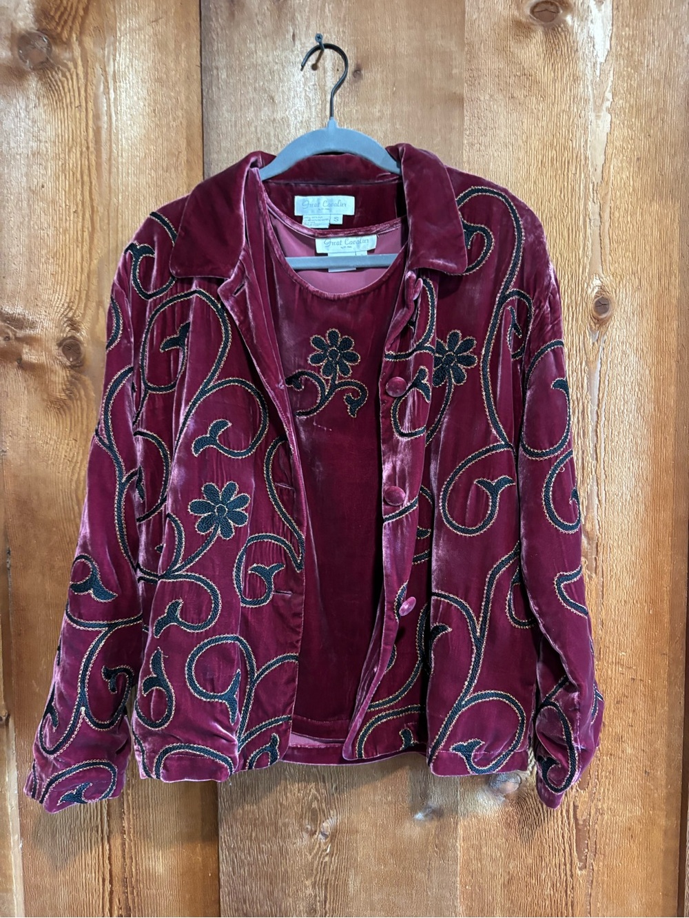 Vintage 100% Silk Velvet Embroidered 3 Piece Set Burgundy Berry Artsy Y2K 90s
